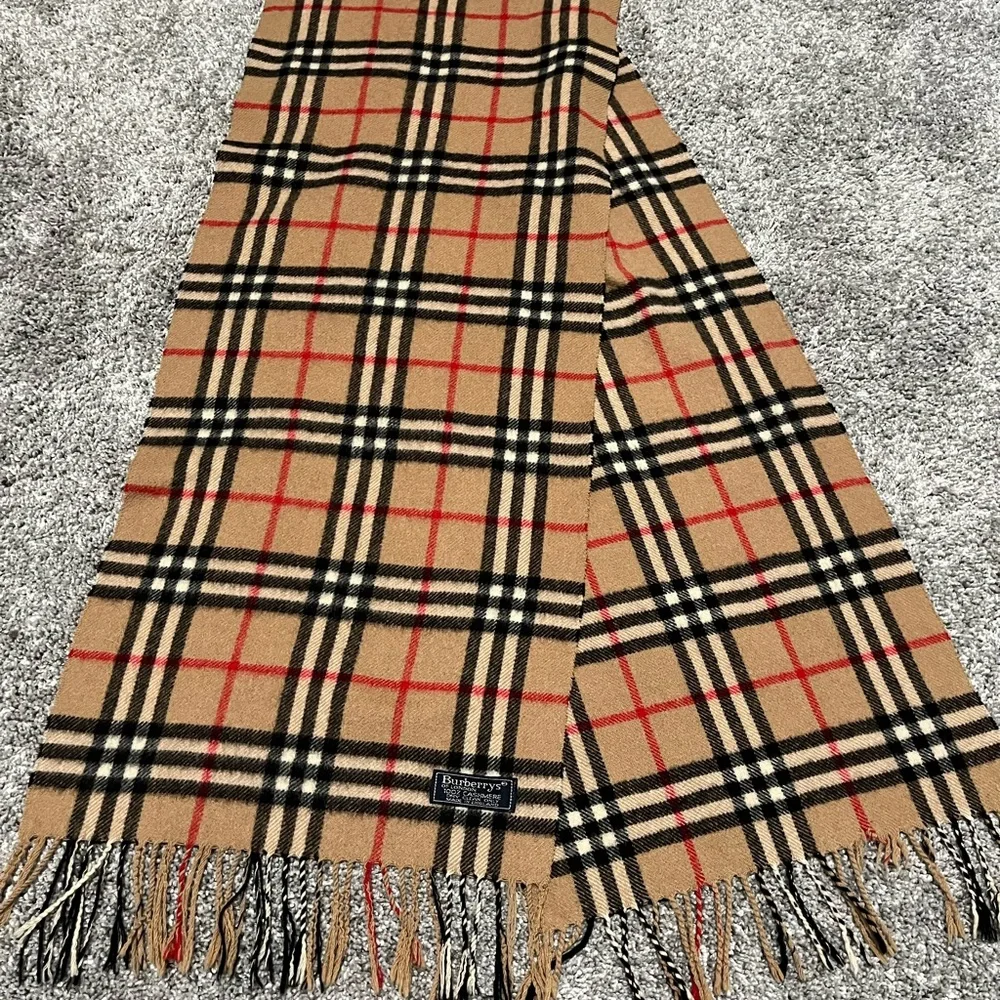 Vintage Burberrys Cashmere Plaid Scarf Tan Black Red - Picture 3 of 6